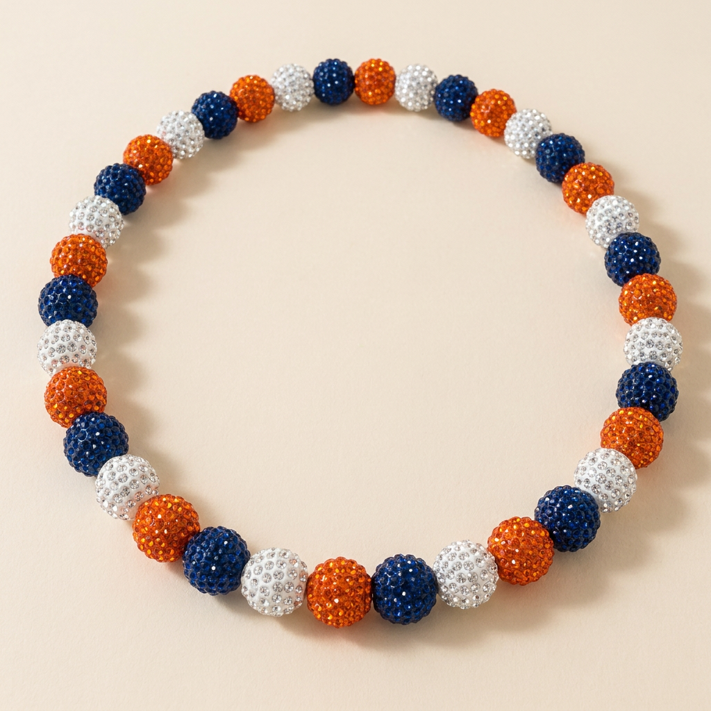 Bear Down handmade 10mm rhinestone bead necklace in navy / orange / white