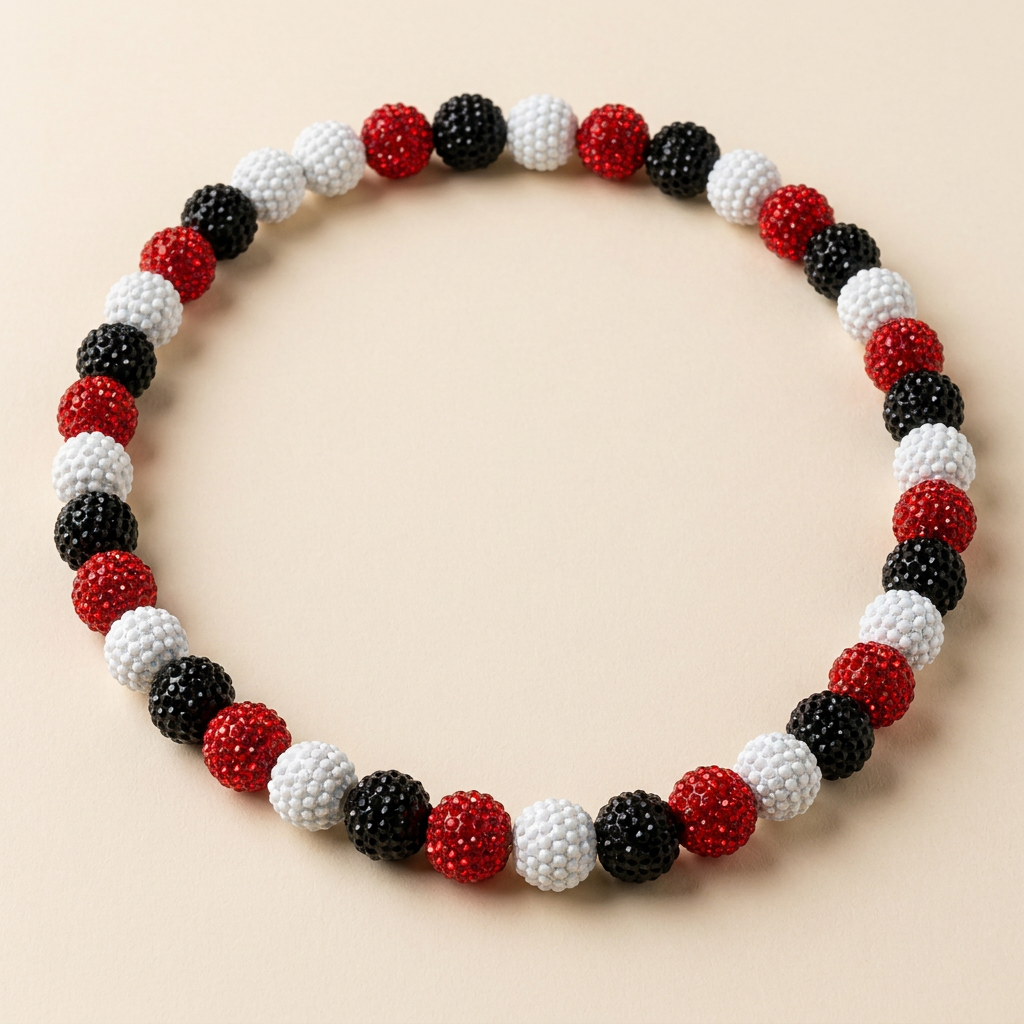 Madhouse handmade 10mm rhinestone bead necklace in red / black / white