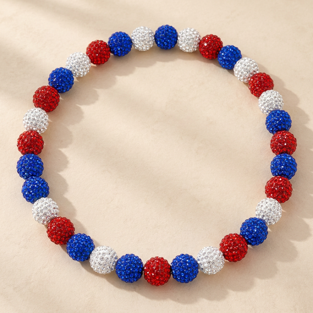 North Side handmade 10mm rhinestone bead necklace in blue / red / white