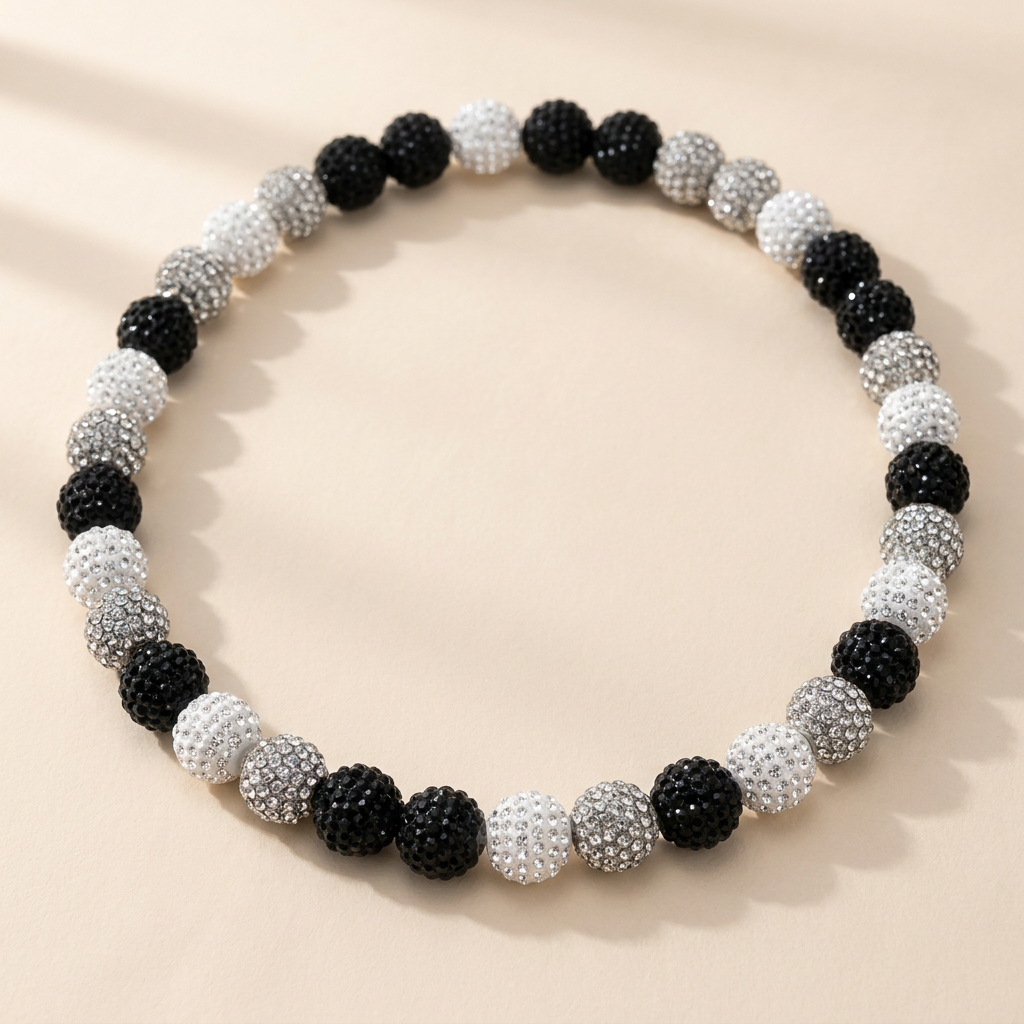 South Side handmade 10mm rhinestone bead necklace in black / white / silver
